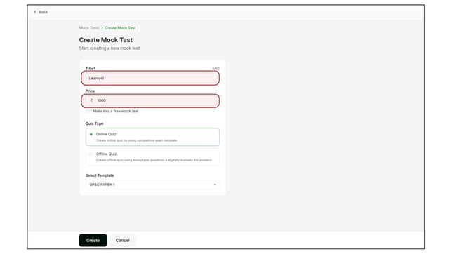 Create an online quiz in the mock test step 2