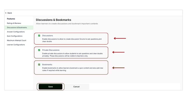 Enable discussion and bookmark features to the Mock test step 3