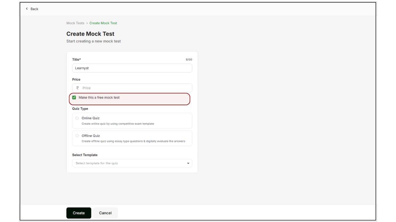 Create an online quiz in the mock test