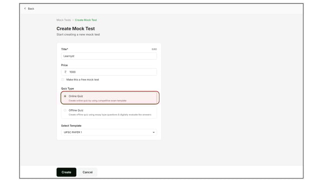 Create an online quiz in the mock test step 4