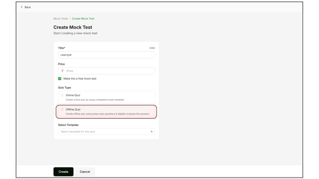 Create an offline quiz in the mock test step 4