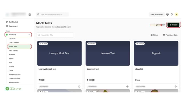 Create an online quiz in the mock test step 1