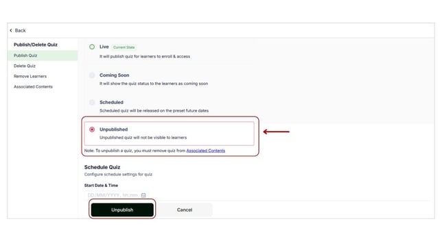 Unpublish the Mock test step 3