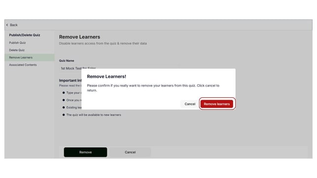 Remove learners from the Mock test step 4