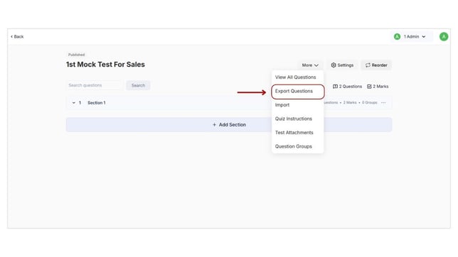 Export Mock test's questions and answers step 2