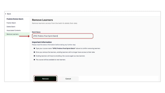Remove learners from the batch step 3