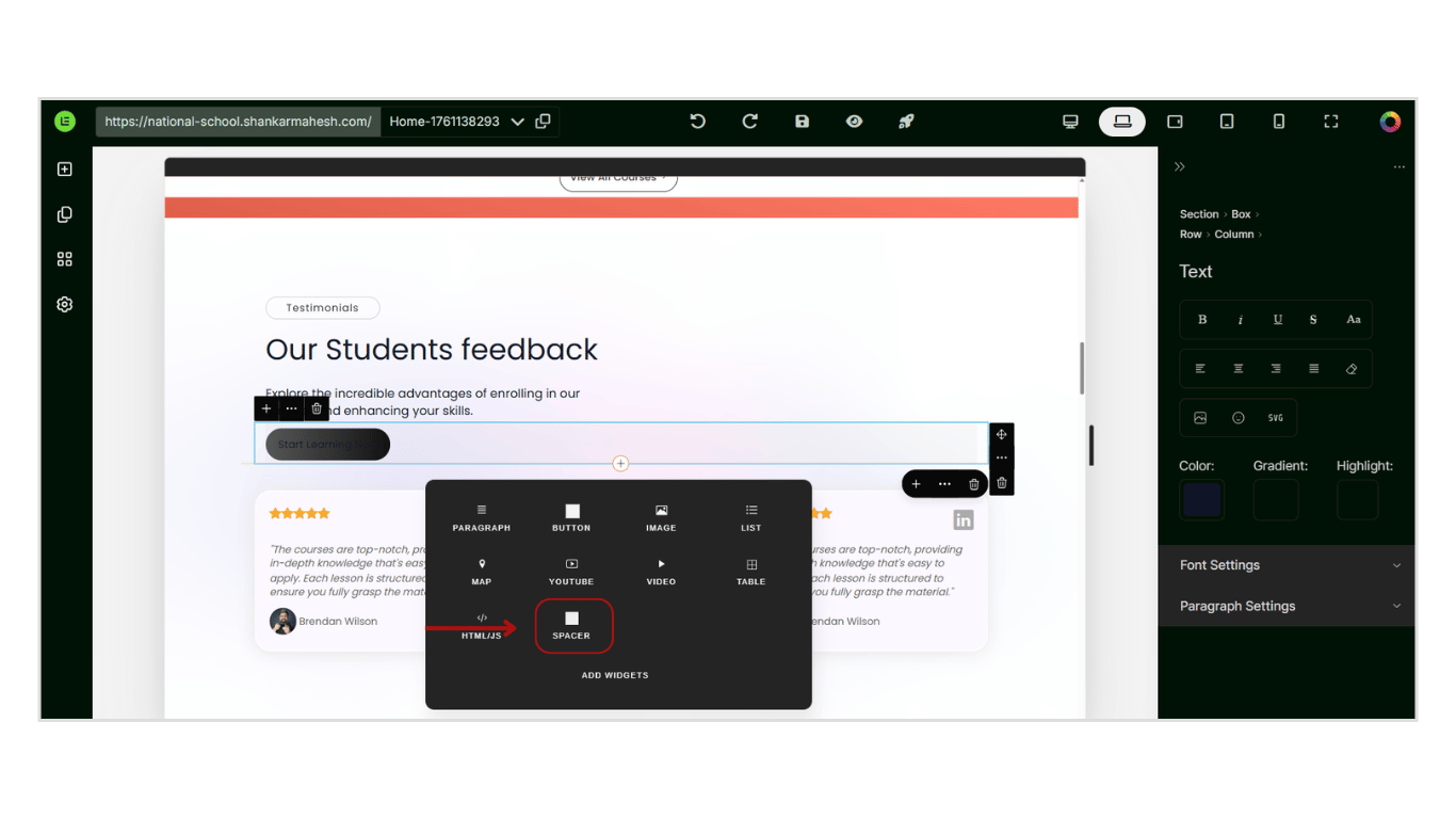 Add a Space Element in the Website Page