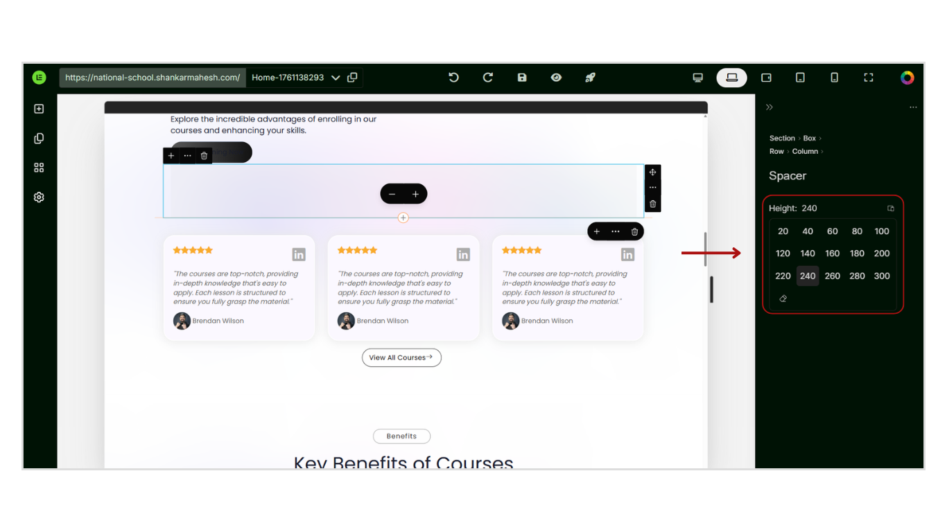 Add a Space Element in the Website Page