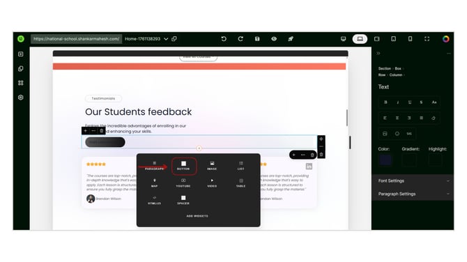 Adding a Button to the Website page step 1