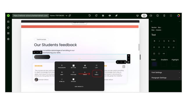 Adding and Customizing a Table into the Website Page step 1