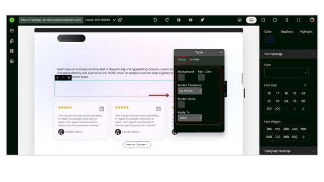 Adding and Customizing a Table into the Website Page step 3