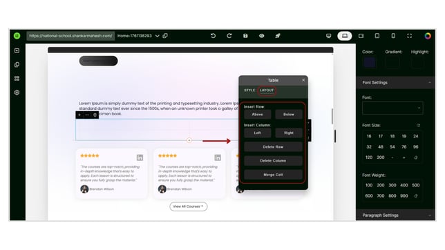Adding and Customizing a Table into the Website Page step 4
