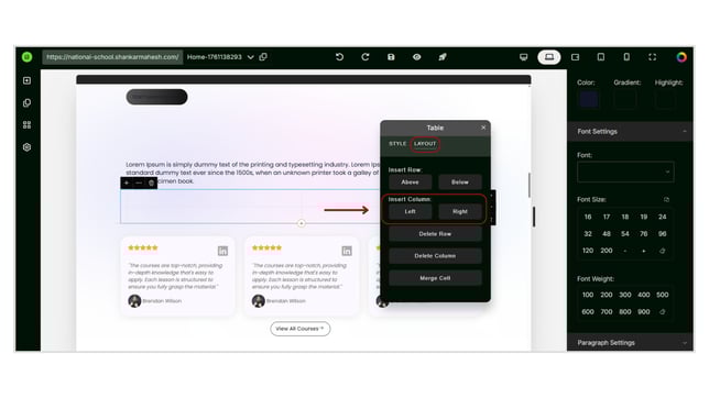 Adding and Customizing a Table into the Website Page step 5