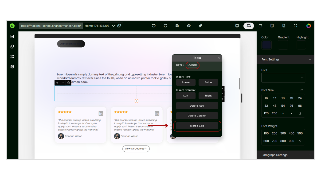 Adding and Customizing a Table into the Website Page