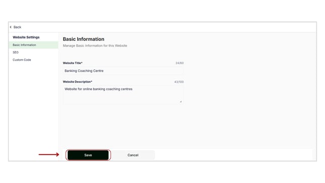 Modifying the Website Settings step 2