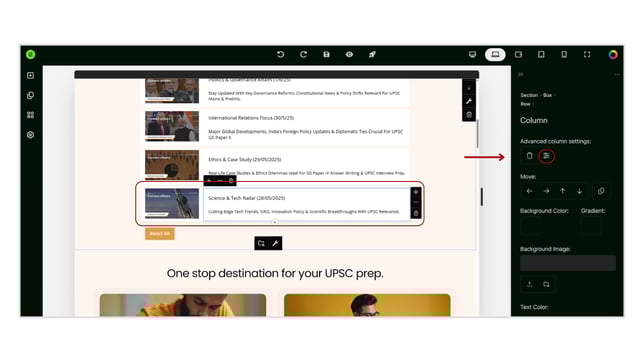 Advanced Settings of a Column in Website Builder step 1