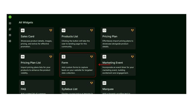 Adding a Forms Widget in the Website step 1