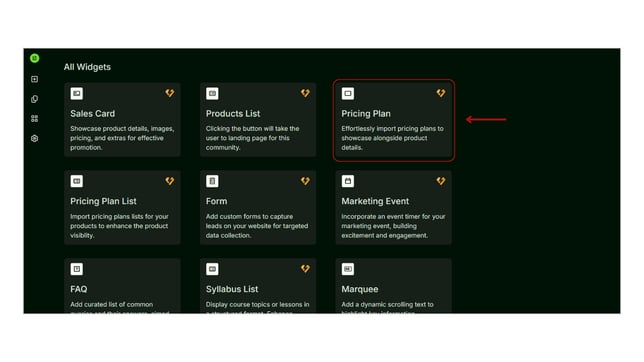 Adding a pricing plan widget to website page step 2
