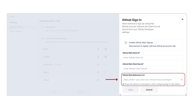 Allow your learners to sign up with their GitHub accounts&nbsp;in step 8