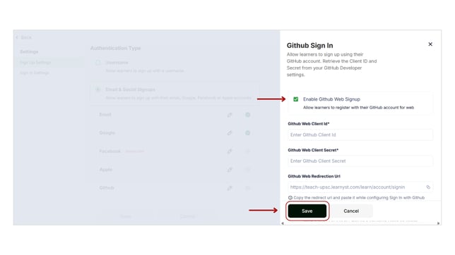 Allow your learners to sign up with their GitHub accounts&nbsp;in step 16