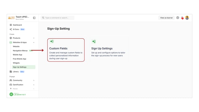 Enable and set the custom fields and collect learners details step 1