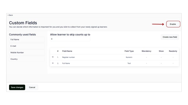 Enable and set the custom fields and collect learners details step 12