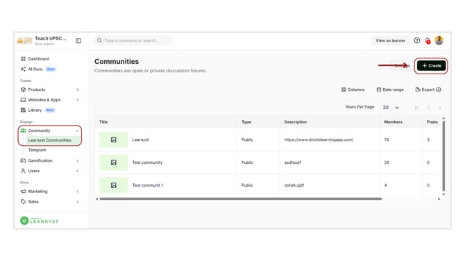 Create a Community in Learnyst step 1
