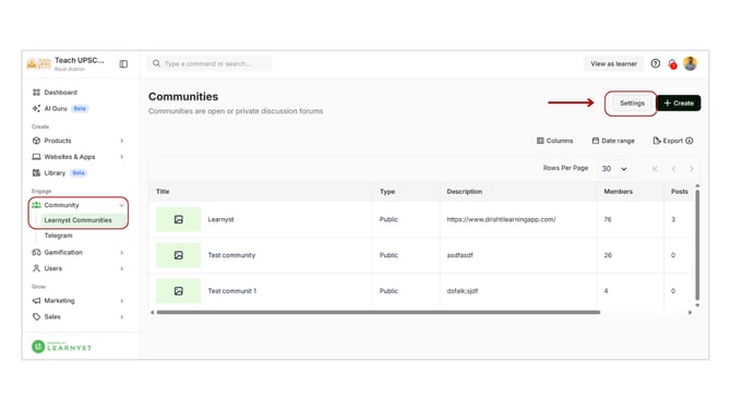 Enable Learnyst Community Feature in Learnyst step 1