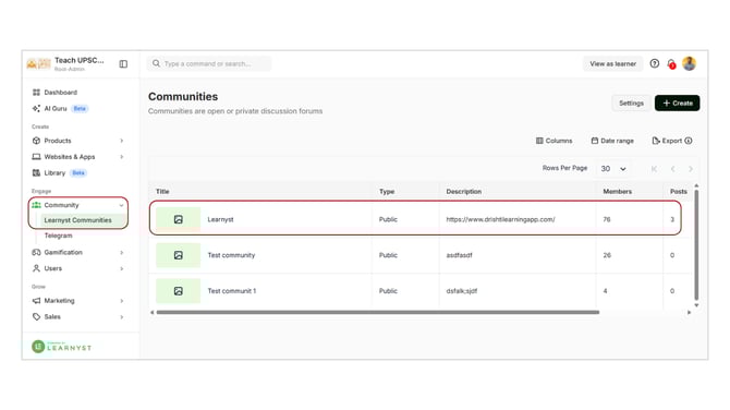 Publish/Unpublish a Community in Learnyst step 1