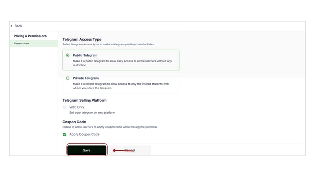 Manage permission settings for your telegram products step 6