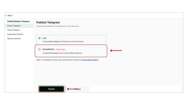 Unpublish a telegram product step 3