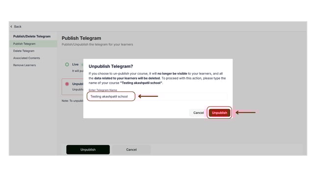 Unpublish a telegram product step 4