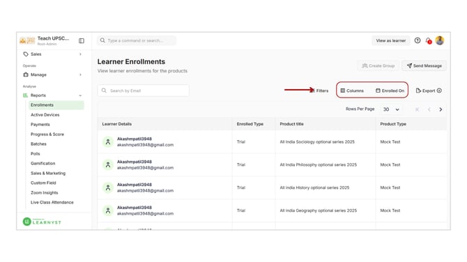 Apply Filters in Learnyst Reports step 2