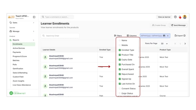 Apply Filters in Learnyst Reports step 4