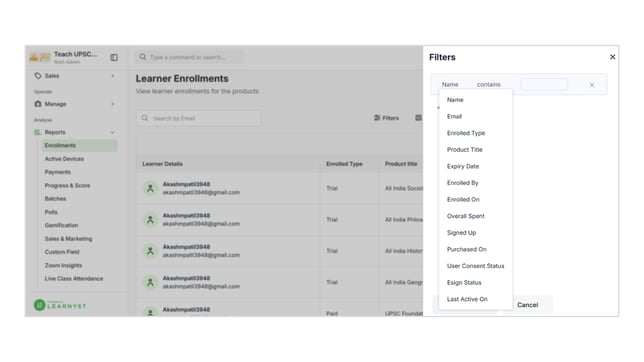 Apply Filters in Learnyst Reports step 5