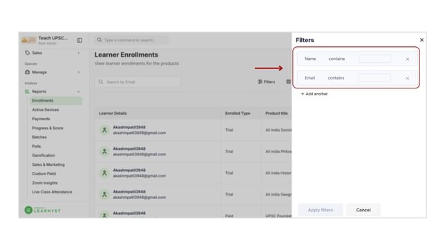 Apply Filters in Learnyst Reports step 6