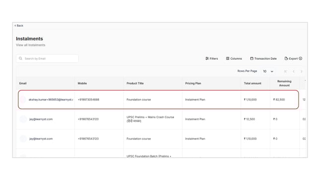 Obtain all the Instalment details step 2