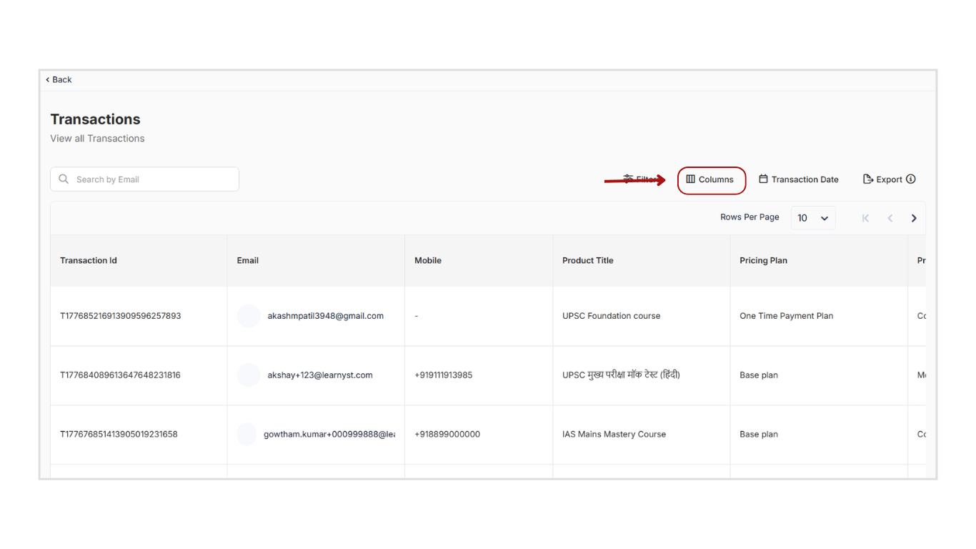 User Transactions Obtain all the Transactions details