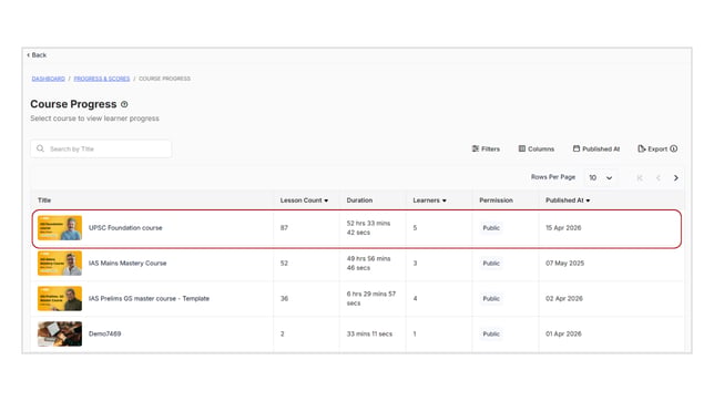 Obtain the progress report of learners step 2