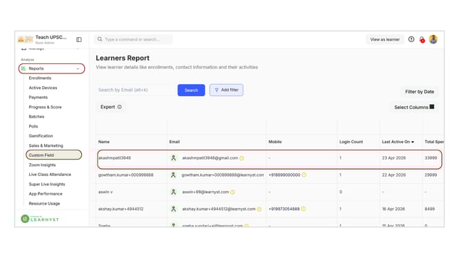 Obtain all the learner's details from custom fields step 1