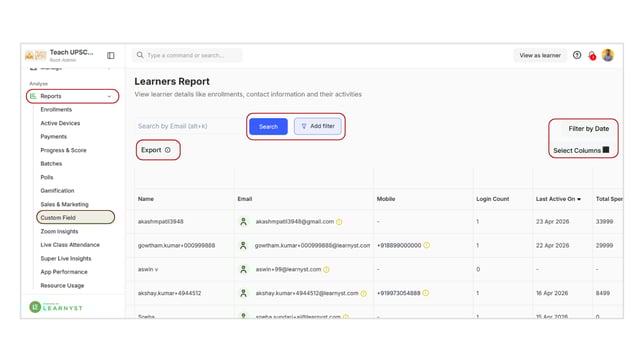 Obtain all the learner's details from custom fields step 3