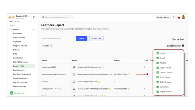 Obtain all the learner's details from custom fields step 7
