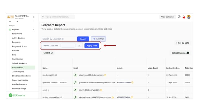 Obtain all the learner's details from custom fields step 5