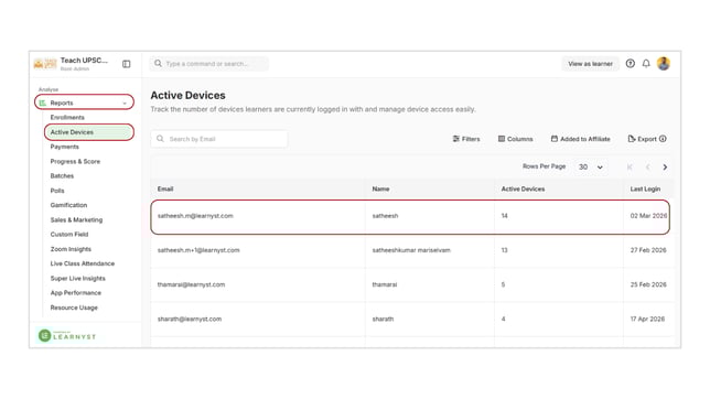Track and Remove Learner's active devices step 1