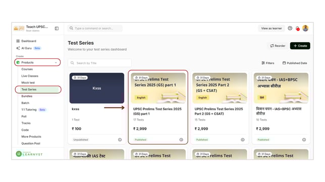Add a new set to the test series step 1