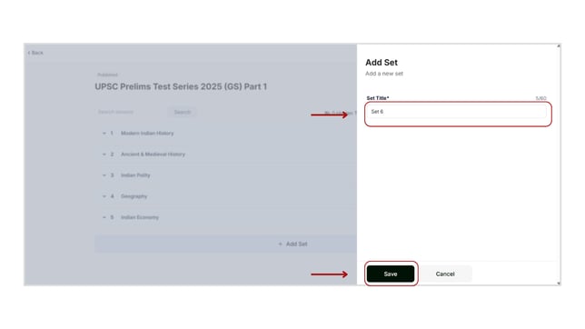 Add a new set to the test series step 3