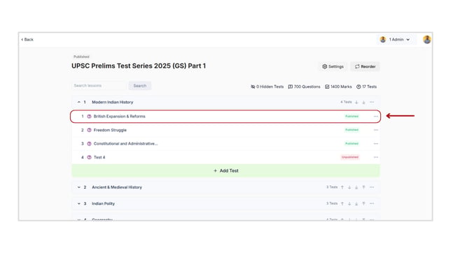 Lesson settings overview for the test series step 2