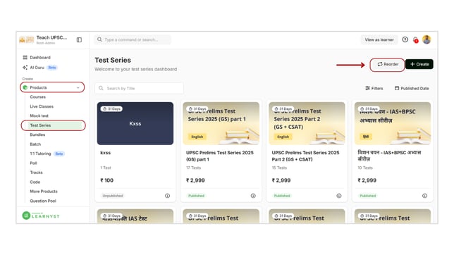 Reorder test series step 1
