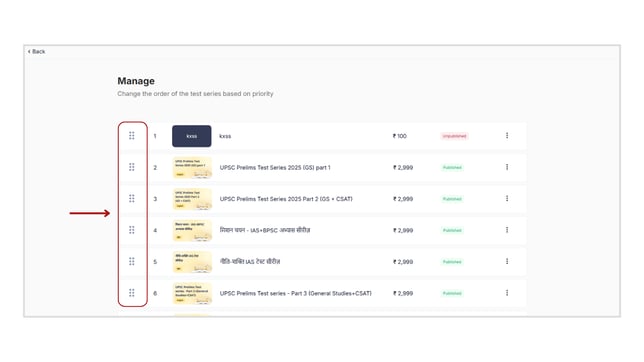 Reorder test series step 2