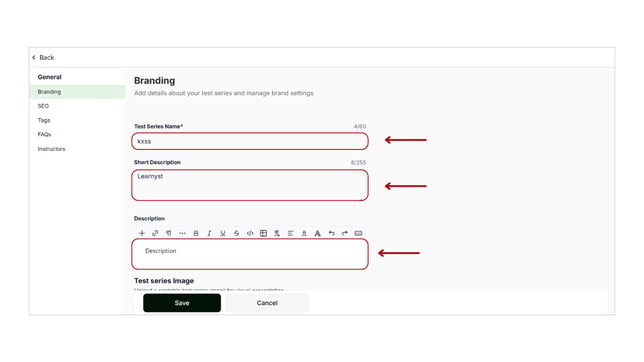 Add branding details for test series step 3